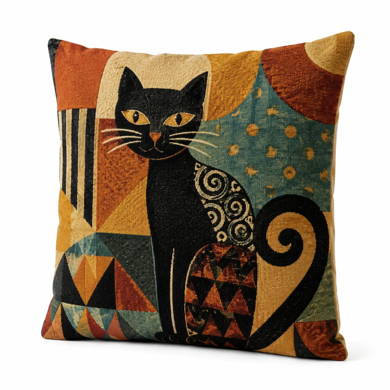 Dekokissen 45 x 45 cm mit Katzenmotiv in Schwarz Braun Grün im geometrischen Stil