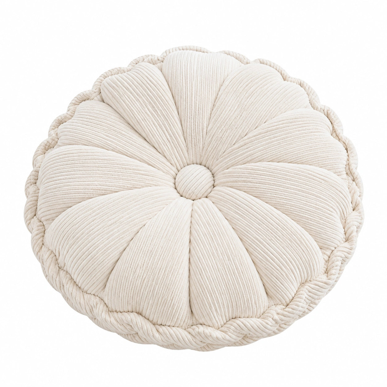 Rundes Zierkissen 40 cm aus geripptem Textil in Creme mit Blütenform